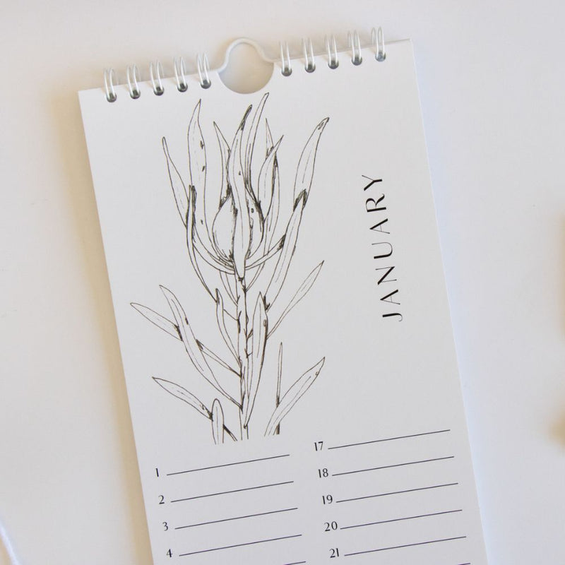 This birthday calendar features modern and minimal Fynbos Sketches from the Fynbos Illustration Range. 
