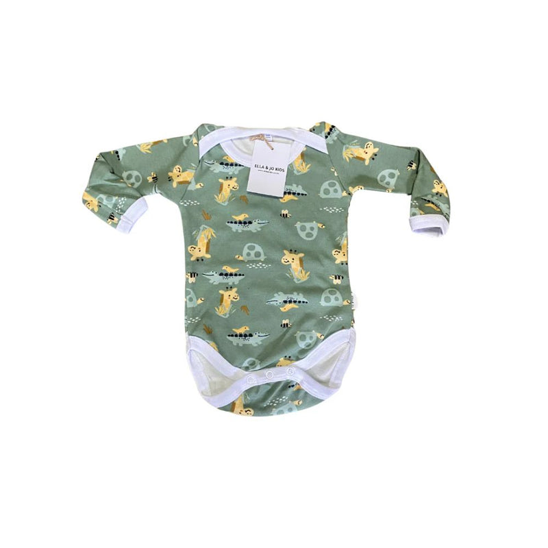 Long Sleeve onesie with envelope neck
Snaps at crotch to assist with easy diaper changes.
100% Cotton Interlock

Design Dinosaur Print | Sage Background