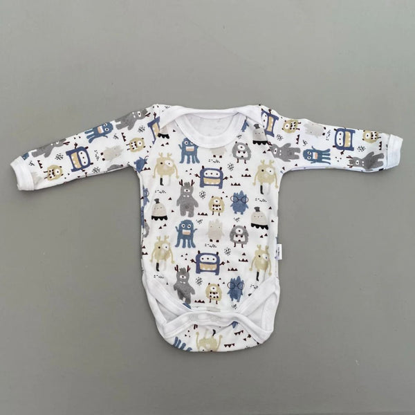 Long Sleeve onesie with envelope neck
Snaps at crotch to assist with easy diaper changes.
100% Cotton Interlock

 

Design - Monster