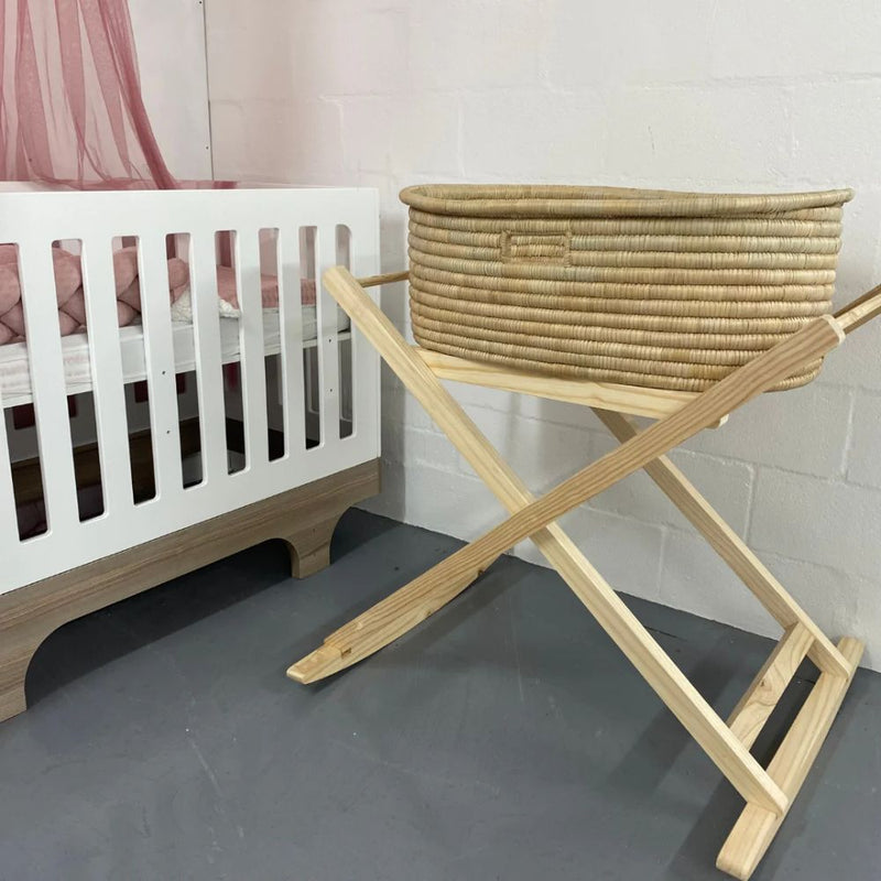 Moses baskets are suitable from newborn to 6 months old or until your baby starts to roll over.
The basket measures: l:82, W:52, D:30 but size could vary slightly as they are all hand-made.