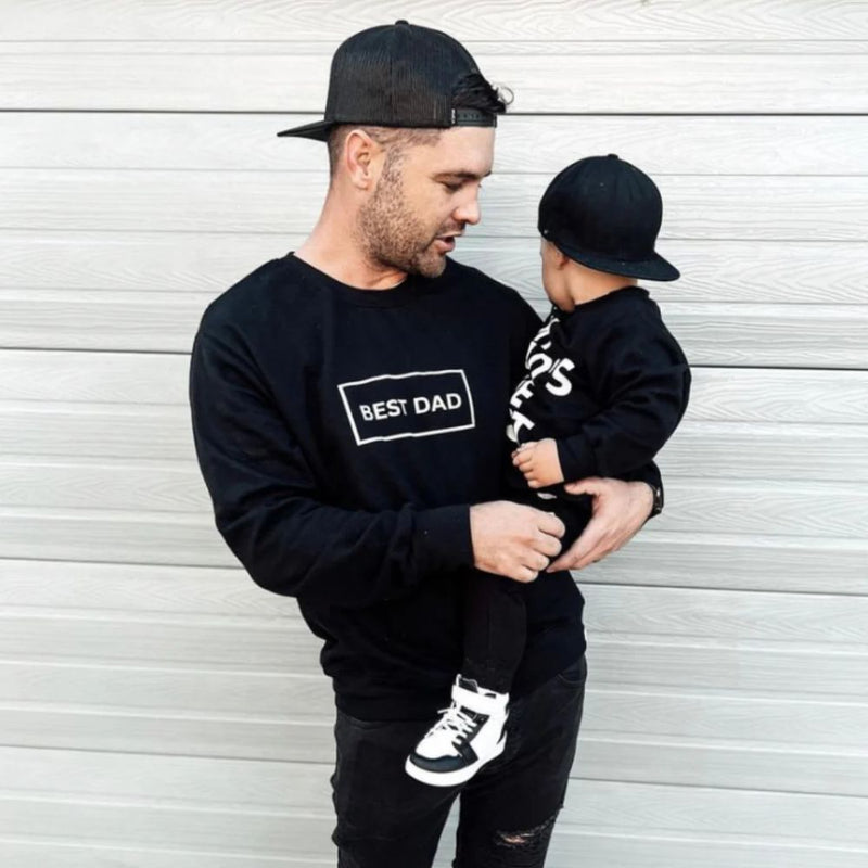 Our Dad and Mini Duo set is everything you need with the "Dad and me" matching look (style) and comfort.
Round crew Neck, Rib Cuff and Waistband.
Relaxed oversized fit
Black with print

Also available in charcoal Grey with white print 
100% Cotton Brushed Fleece