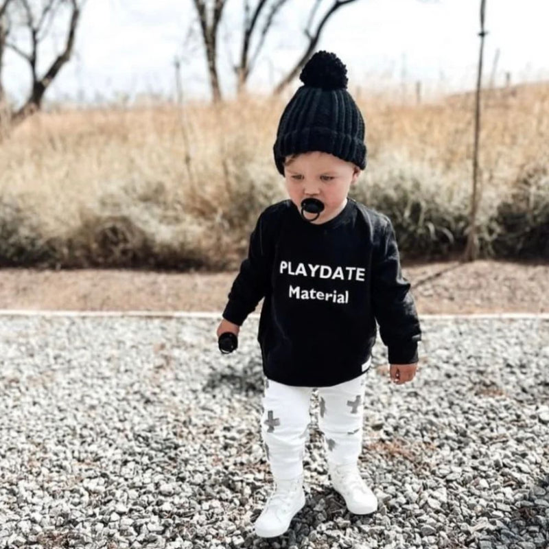 Our Comfortable Sweaters made out of 100% Cotton Brushed Fleece for the windy or cooler weather.

Colour - White and black

Print - Playdate Material