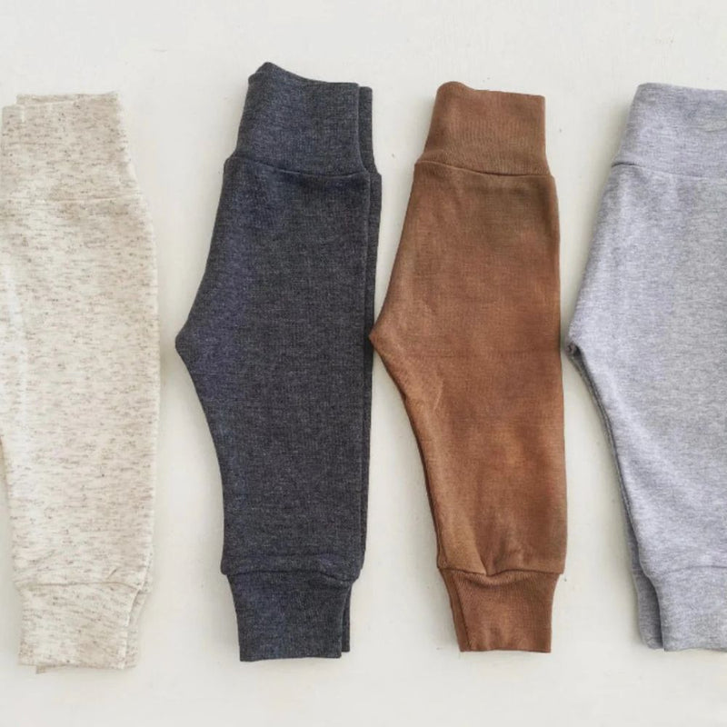 Elastic Waist. 
100% Cotton Soft Stretch Rib

Set includes:

1x Oatmeal 

1xCharcoal

1x Washed Brown 

1x Grey Melange