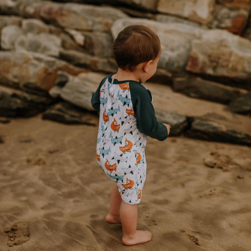 Sea Animal pattern full body suit with titanium colour neck and sleeves
Full Body Swimsuit Style             
Snug Body fit
Zipper at back
UPF50+