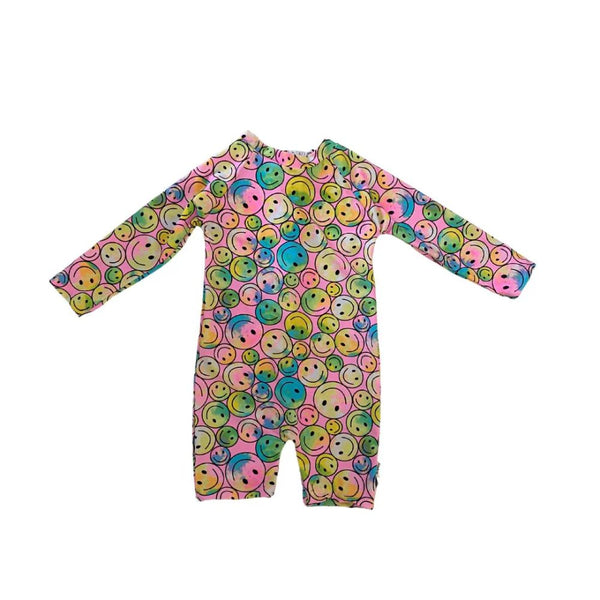 Smiley body suit designed in such a Fun bright print. 
Full Body Swimsuit Style             
Snug Body fit
Zipper at back
Long sleeves
UPF50+