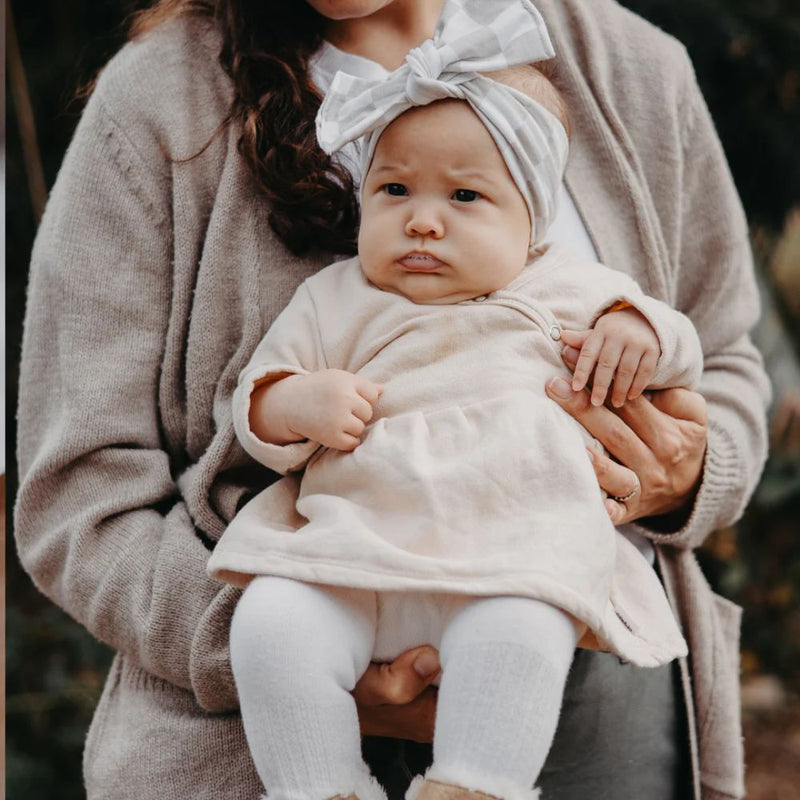 Long Sleeve cross-over wrap top for girls
100% Cotton Brushed Fleece

Available in White / Oatmeal / Beige