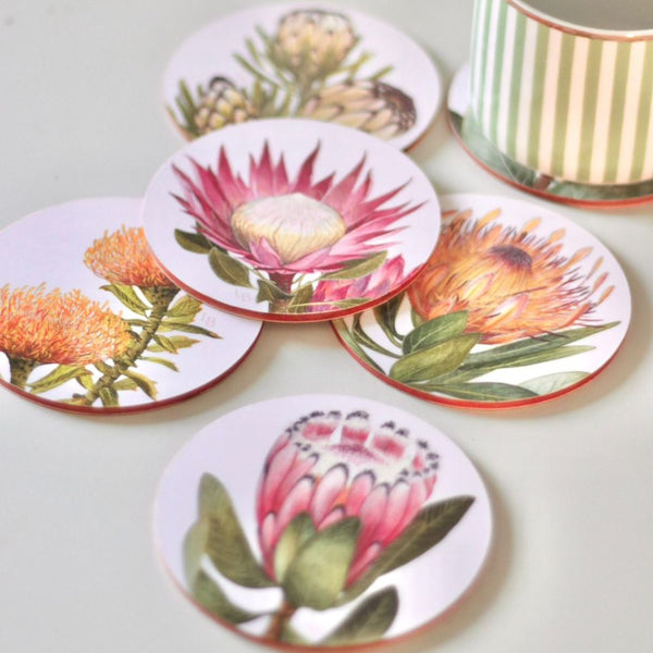 A set of 6 heat resistant, scratch proof coasters adorned with Libby's beautiful watercolor paintings of South African Proteas.