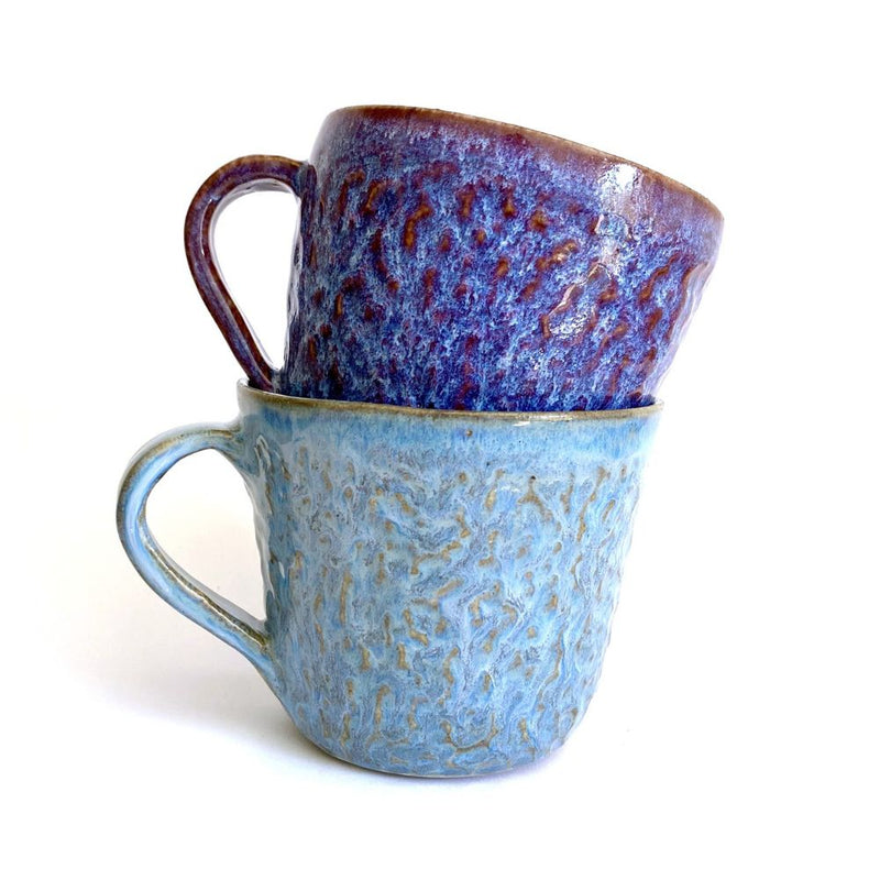 Handcrafted Mugs. Featuring royal blue and ice blue colour design. Ideal for a nice coffee. 