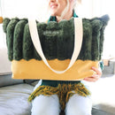 material: winter fur corduroy top & capri Bottom and pvc Inner material, 100% cotton handles. secret inner pocket
dimensions: 61cm x 38cm x 18cm
color: green and gold (Springbok)