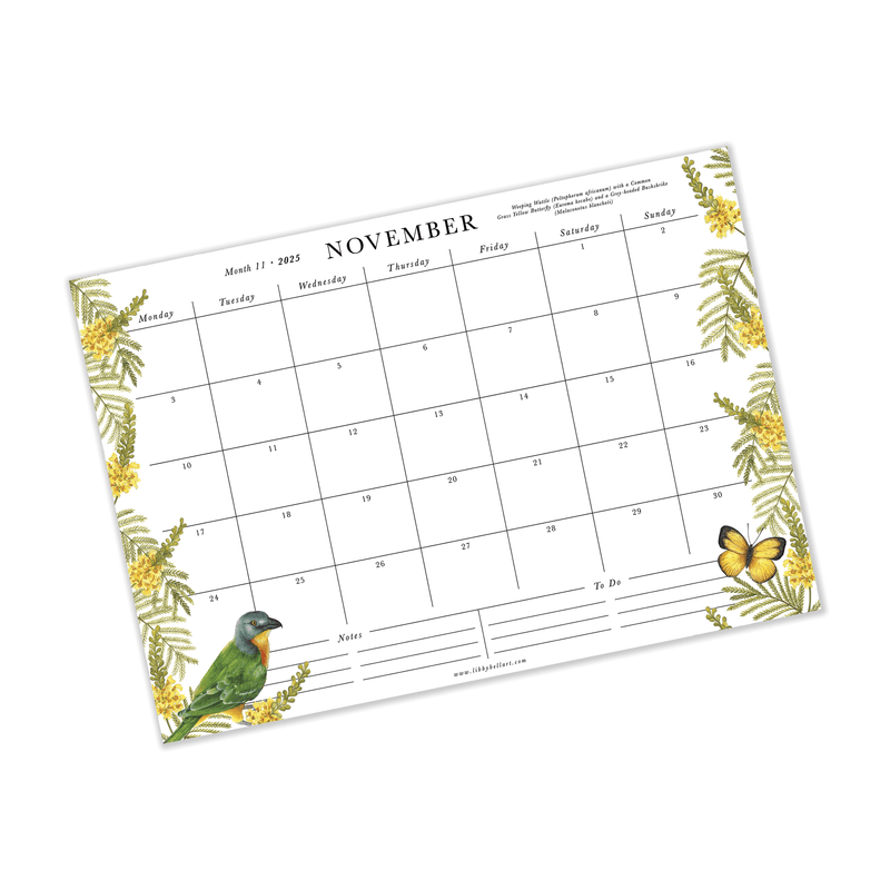 A bright and beautiful celebration of South Africa's Flora and Fauna, our brand new- 2025 calendar collection in here and they are covered in Libby's most detailed birds, butterflies and bountiful botanicals. 