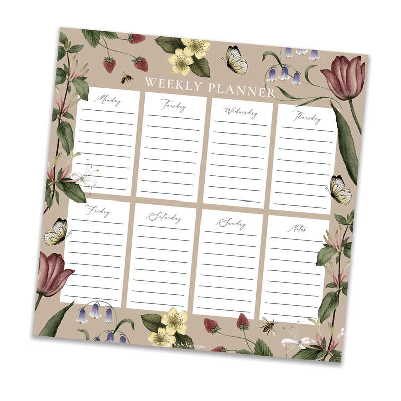 A beautiful and functional 50 page square pad with Libby's watercolor tulips, kiwi blossoms, strawberries, honeysuckle and butterflies and bees of course. View your whole week at a glace with a nifty block for each day of the week and an eighth block for additional notes. 