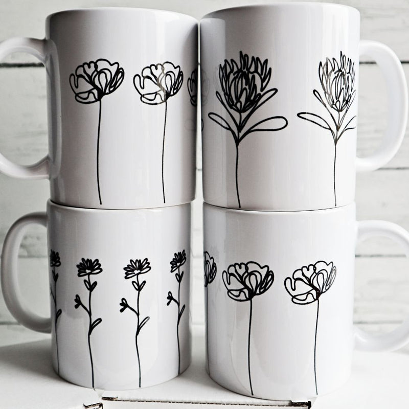 Tall ceramic mug - Black and White flowers (set of 2 or 4)