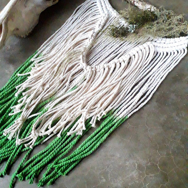 White and green mountain love macrame wall hanging